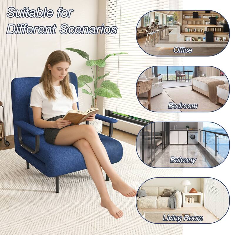 Roomfitters 3-in-1 Convertible Chair Folding Sofa Bed, 5-Position Adjustable Backrest Sleeper Chair with Pillow, Blue