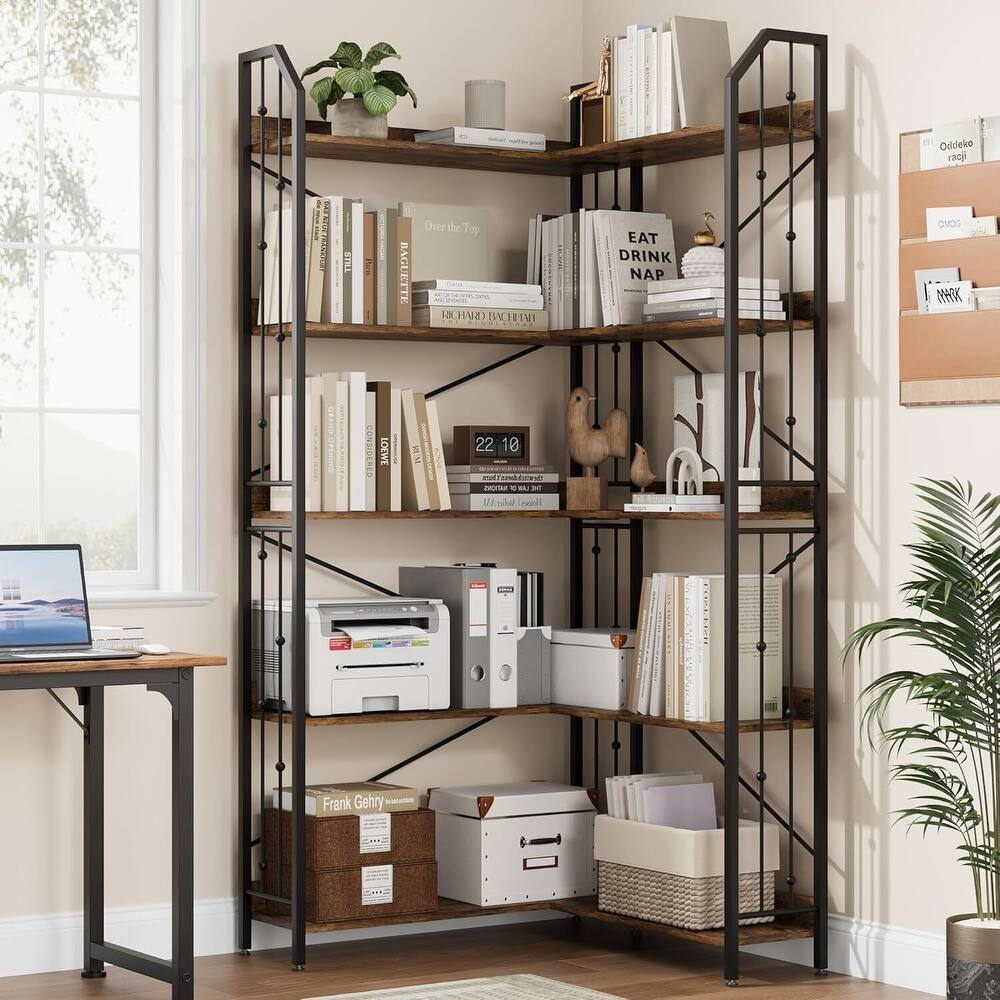 72" 5 Tier Industrial Corner Bookshelf, L-Shaped Bookcase - N/A