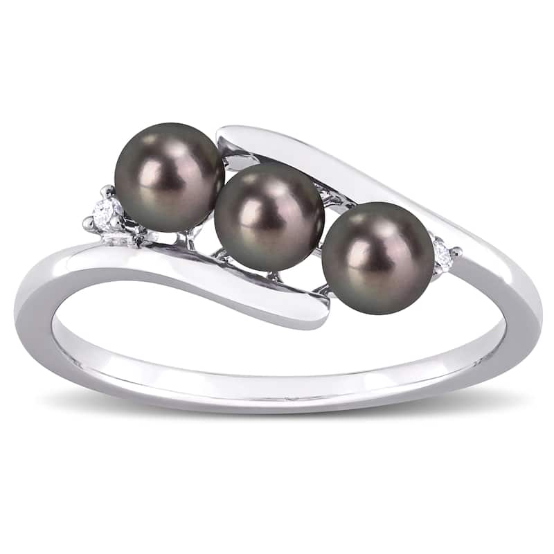Miadora 3.5-4mm Black Cultured Freshwater Pearl and Diamond Accent Triple Pearl Bypass Ring in Sterling Silver