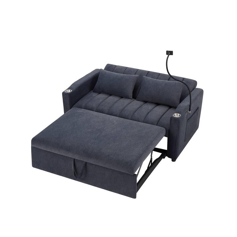 55.9" Convertible Sofa Bed Loveseat Sofa with Three USB Ports, Two Side Pockets, Two Cup Holders and 360°Swivel Phone Holder