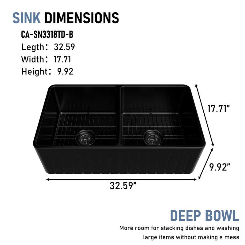 33 in. Farmhouse/Apron-Front Double Bowl Fireclay Kitchen Sink with Striped Design Reversible Installation, Grids and Strainers