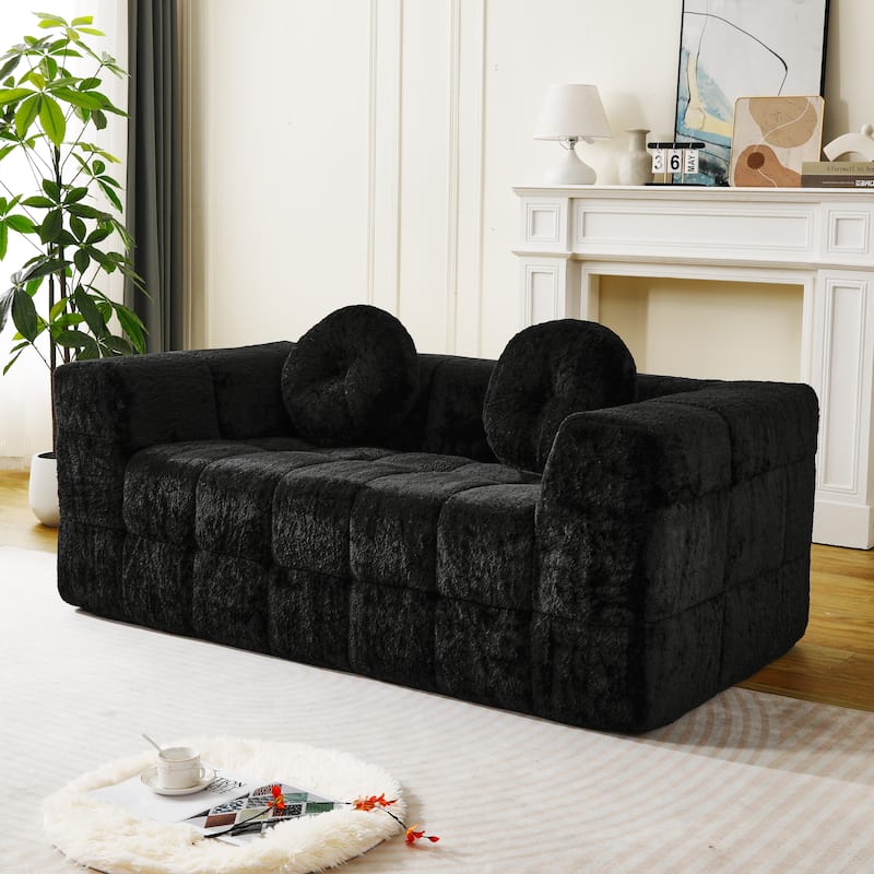 Modular Boneless Cloud Couch, Checkered Fabric Upholstered 2 Seater Foam Sofa, Lounge Sofa with 2 Circular Throw Pillows