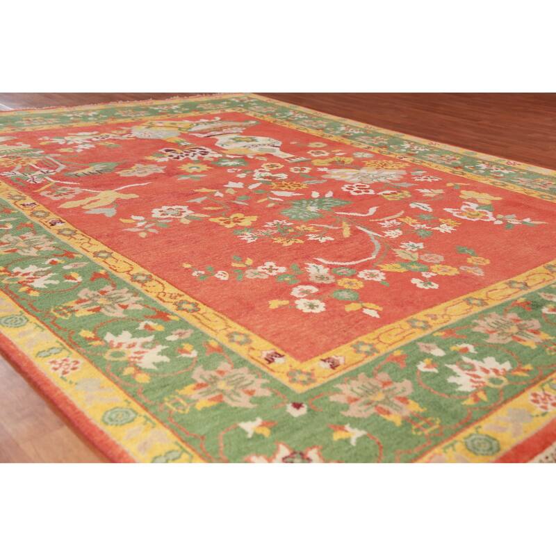 Floral Orange Art Deco Oriental Area Rug Handmade Wool Carpet - 7'10" x 10'0"