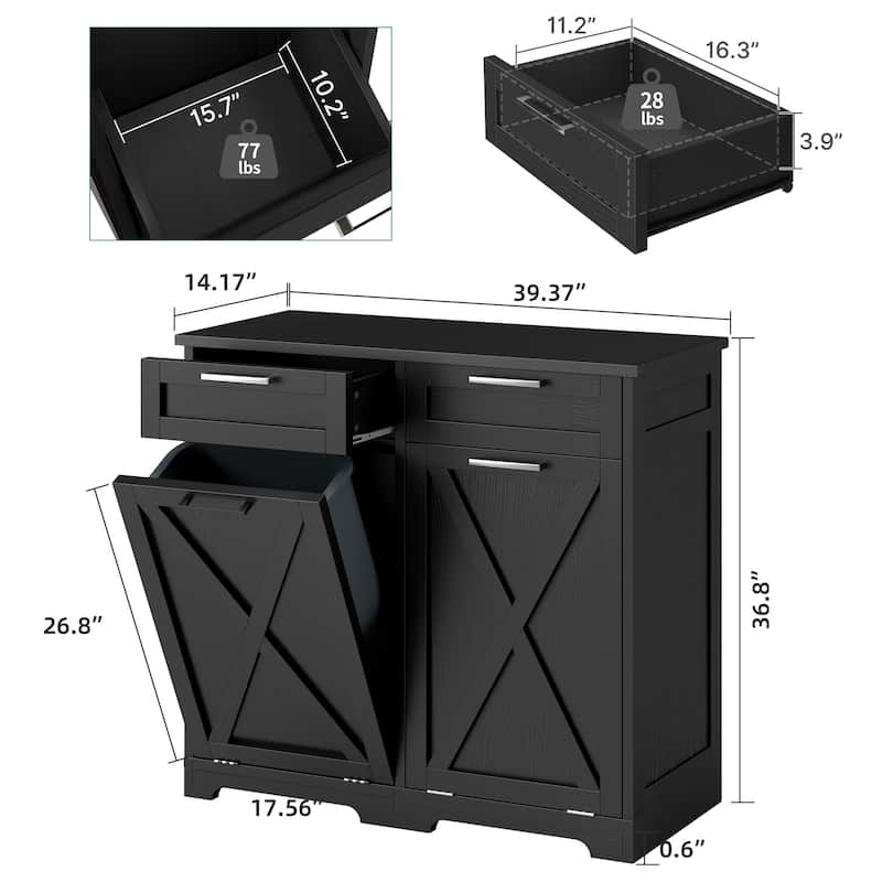 Kitchen Wooden Double Tilt Out Trash Can Cabinet with 2-Drawer Fits 10-Gallon Trash Cans