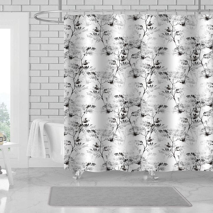 Evie 13 Piece Floral Printed Canvas Shower Curtain with Hooks, White-Light Gray, 70x72 Inches