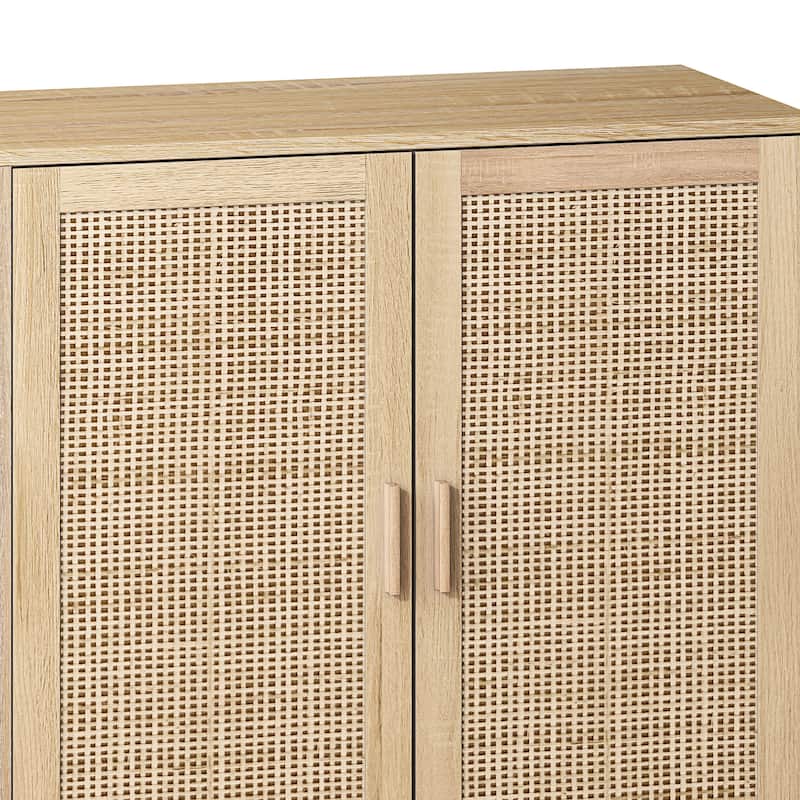 62.20" Modern Rattan Decorative Storage Cabinet with Solid Wood Legs, 4 Doors, Adjustable Shelves Versatile for Home and Office