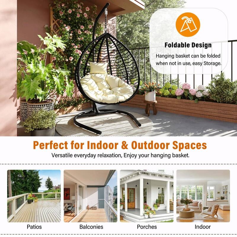 Indoor Outdoor Hanging Hammock Chair with Stand, Foldable Rattan Egg Swing Chair with Cushion & Headrest
