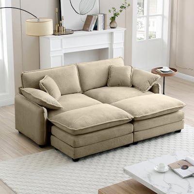 Tan 4-Piece Corduroy Modular Sleeper Sectional Sofa with 2 Ottomans & 4 Pillows