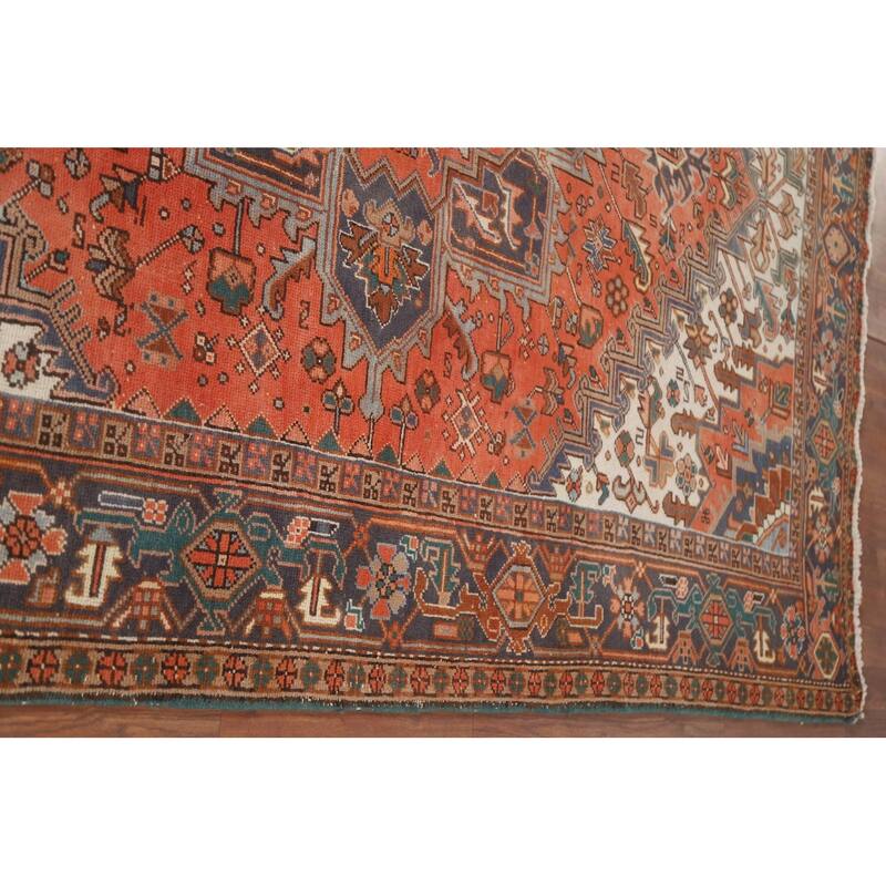 Hand Knotted Oriental 100% Wool Carpet Traditional Medallion Oranges & Rust Heriz Area Rug - 8' 9'' X 6' 7''