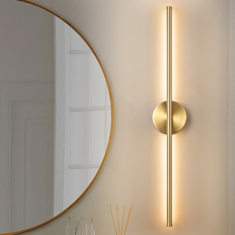 1-Light Modern Linear Aluminum Dimmable Integrated LED 3000K Warm Light Bathroom Vanity Lights for Mirror - Round Backplate - Gold