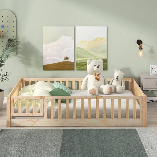 Twin/Full/Queen size Floor Platform Bed with Fence and Door for Kids, Toddlers