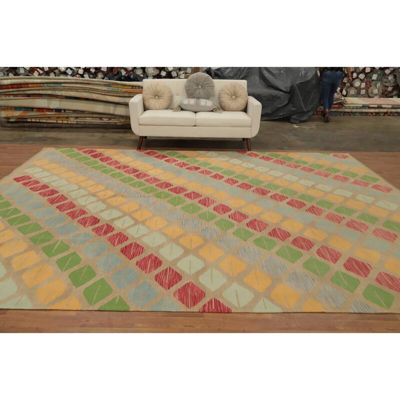 Hand Woven Oriental 100% Wool Carpet Southwestern Tribal Multi-Colored Kilim Area Rug - 12' 8'' X 10' 3''
