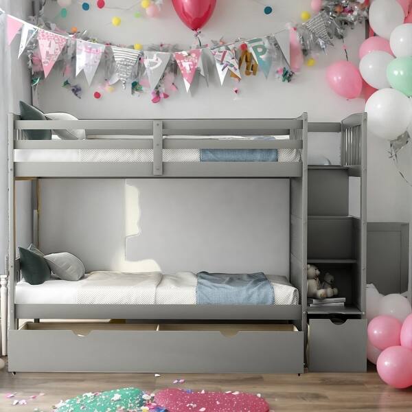 slide 2 of 26, Twin over Full/Twin Bunk Bed, Storage Shelves and Drawers,3 Beds in 1 Bunk Bed,Space-saving,No Need Spring box,2 Color Gray