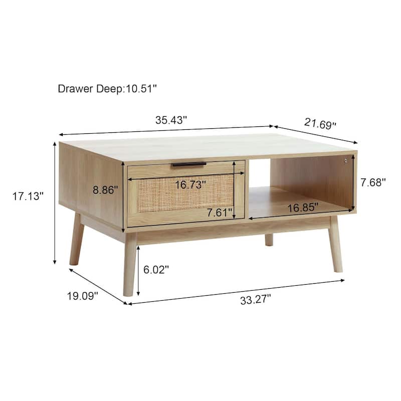 White Oak Finish Wood and Rattan Coffee Table - 17.13" H x 35.43" W x 21.69" D
