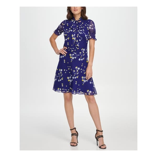 Dkny Women's Floral Tie Neck Above The Knee Fit Flare Party Dress Blue Size  4 - Bed Bath & Beyond - 40560044