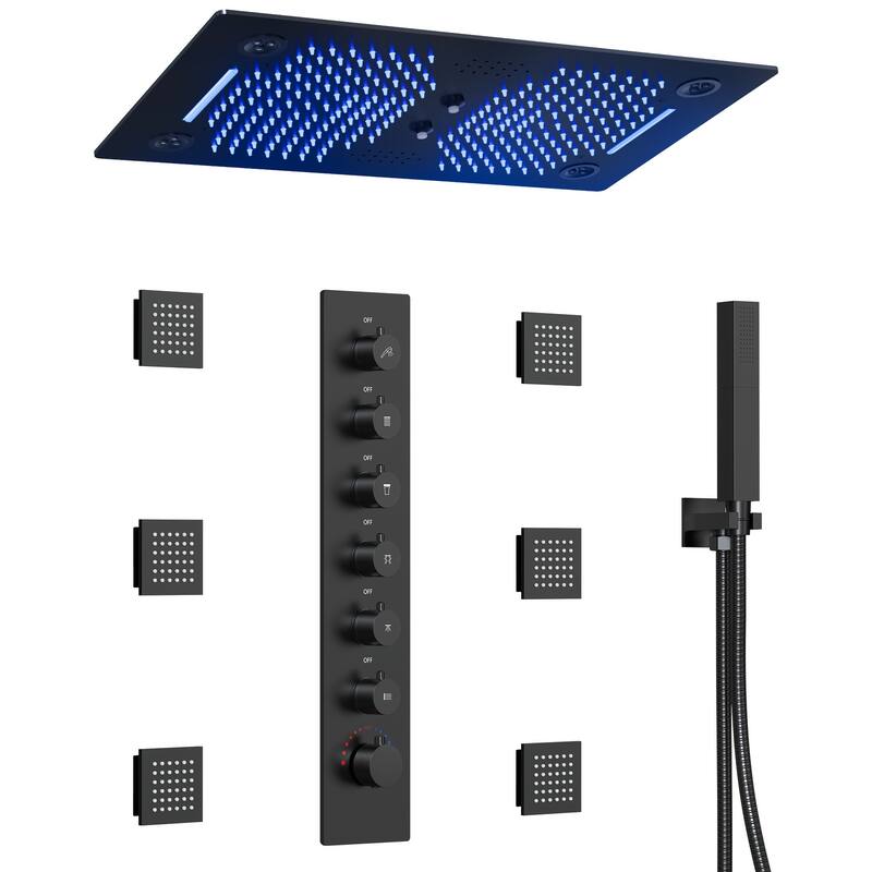 Shower Faucet System 28"*16" Ceiling Mount Shower Head with 4 Spray Mode Body Jets Handheld Spray LUXURY LED - Matte Black