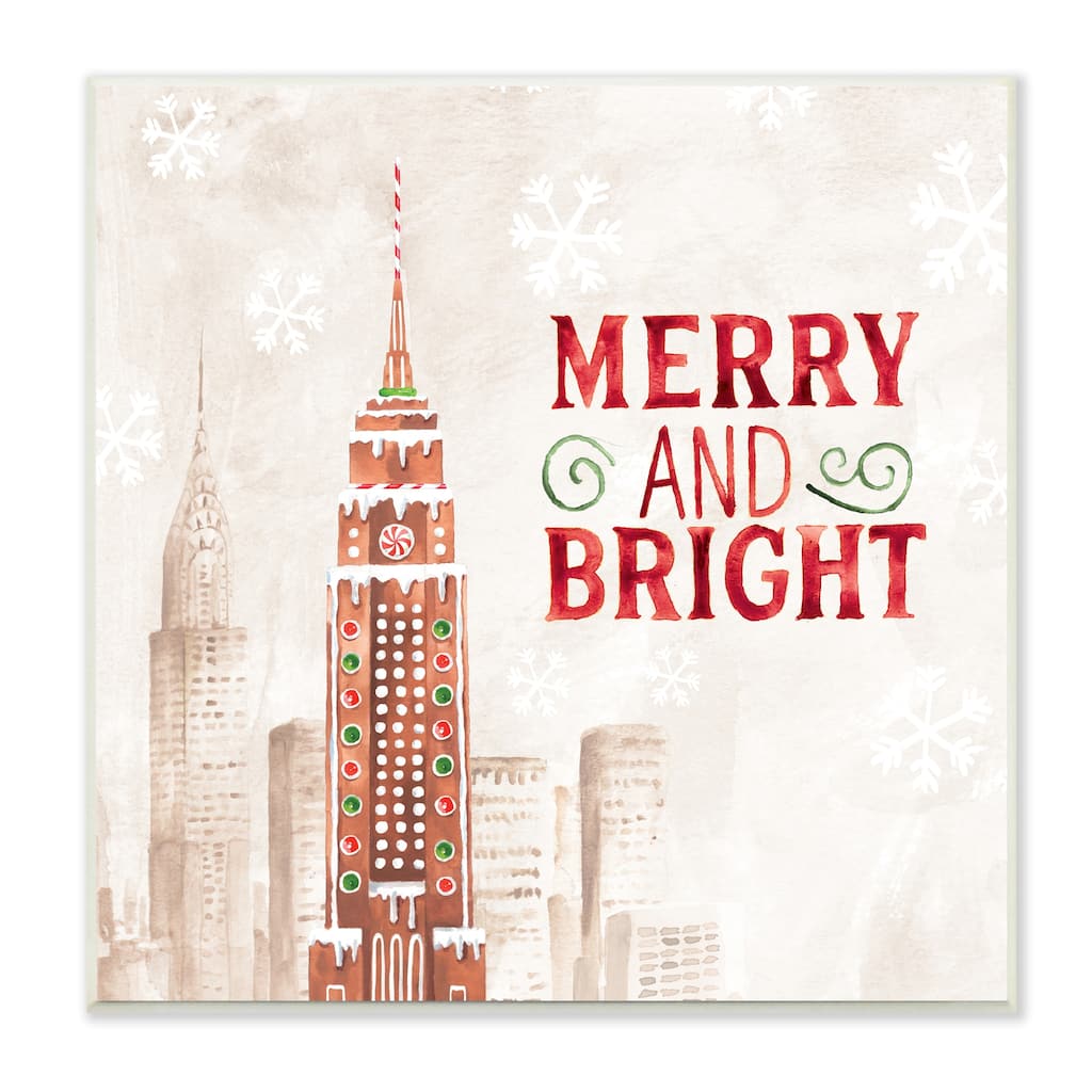 Stupell Merry and Bright Christmas Phrase Gingerbread Architecture Cityscape Wood Wall Art