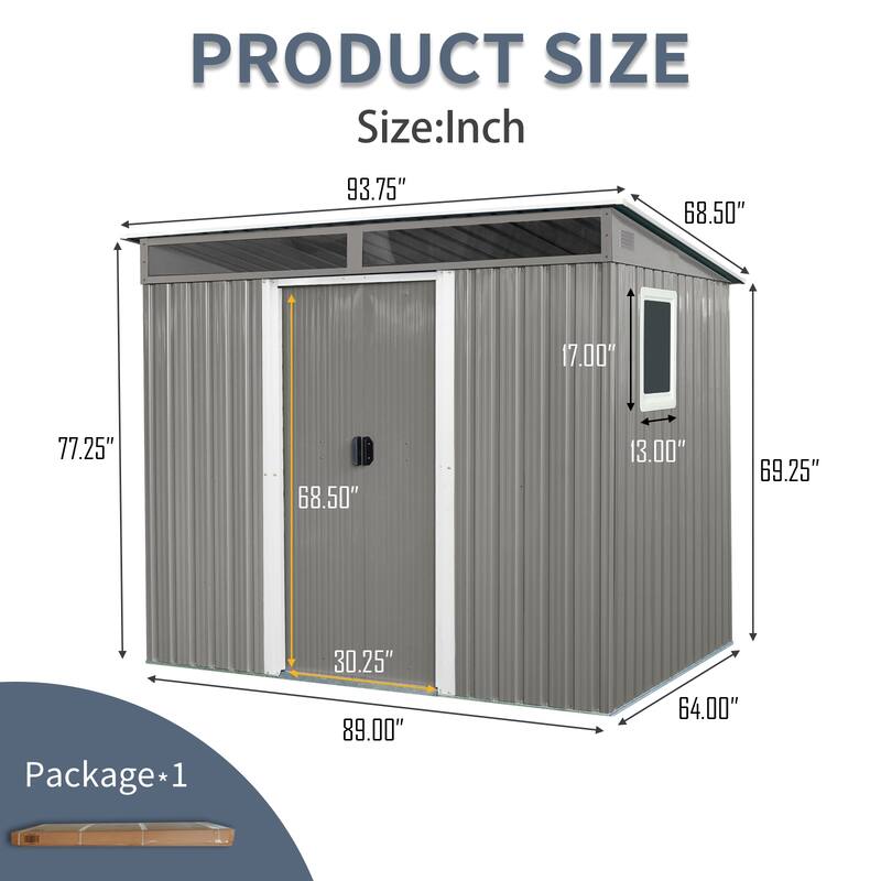 8ft x 6ft Gray Metal Storage Shed - Outdoor Garden Shed with Window, Transparent Panel and Lockable Sliding Door - 8 ft x 6 ft