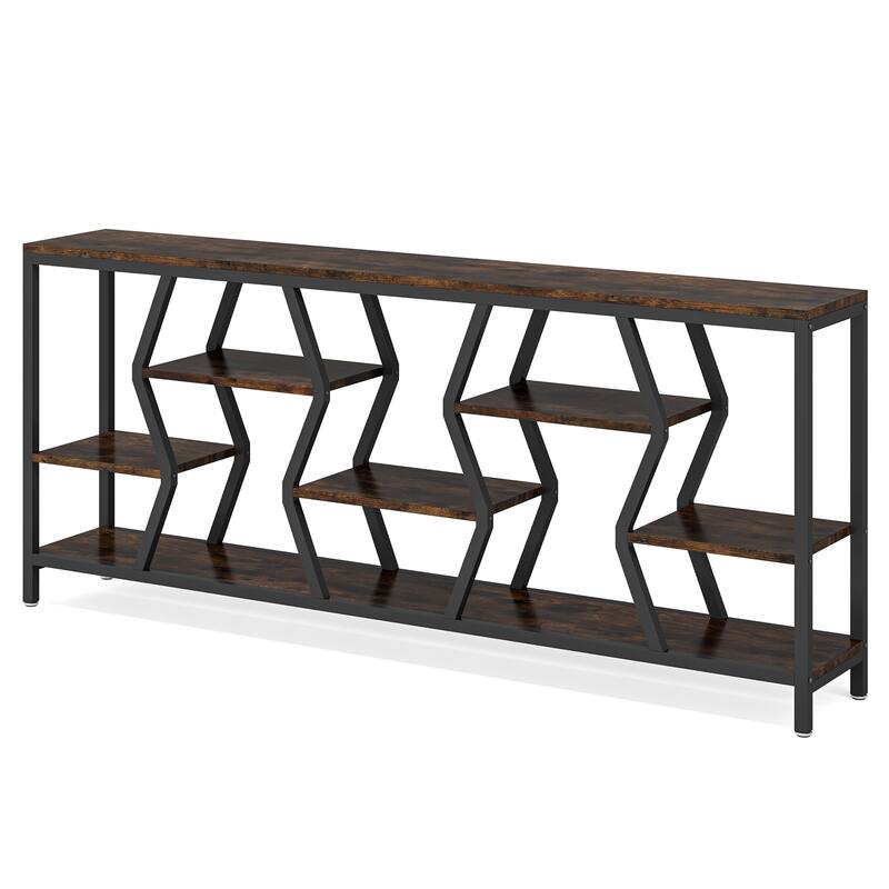 70.9" Industrial Sofa Console Table with 4 Tier Wood Storage Shelves for Hallway, Living Room, Foyer