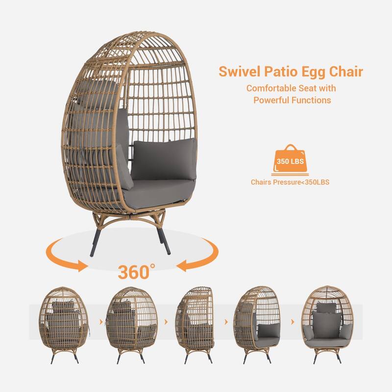 SANSTAR Patio Oversized Swivel Brown Wicker Egg Chair with Cushions