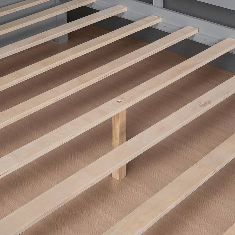 Wooden Twin/Full House Bed with Roof, 2 Storage Drawers & Rear Shelf, Kids Platform Bed with Slats, Gray