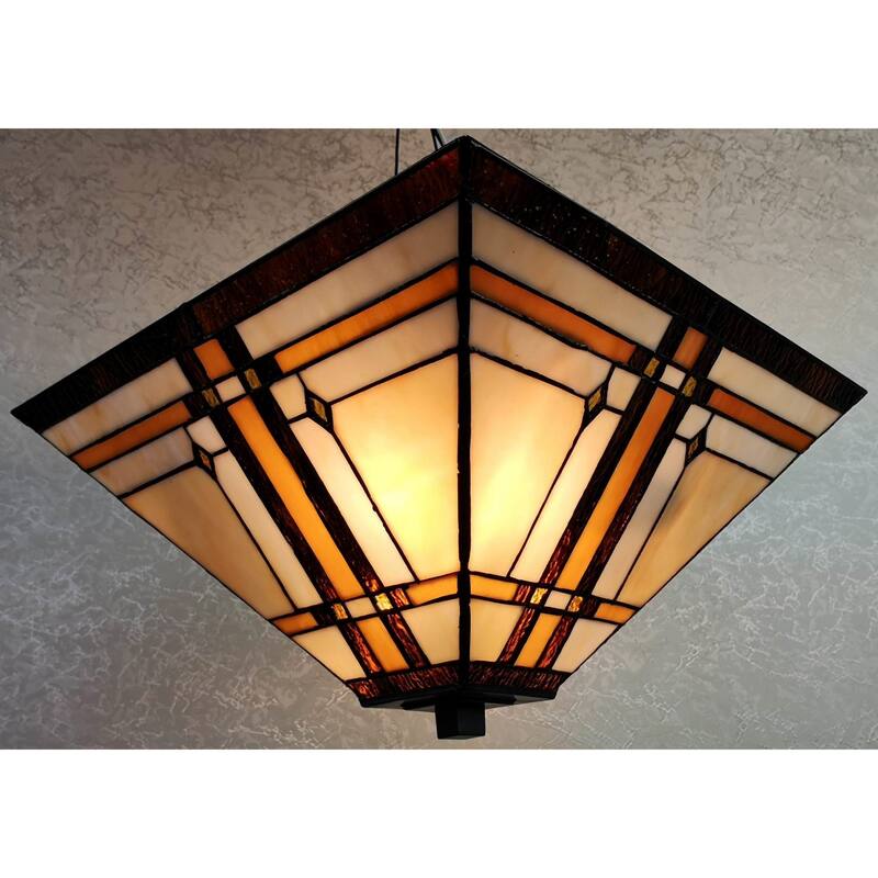 Tiffany Style Ceiling Fixture Lamp Mission 14" Semi Flush Mount Wide Stained Glass Tan Bedroom Gift Amora Lighting