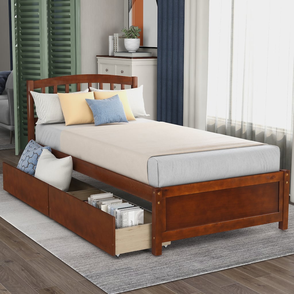 Twin Wood Platform Storage Bed with Drawers and Headboard, Walnut Finish