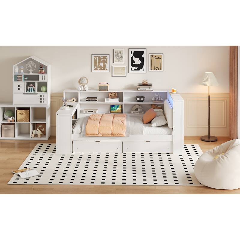 Wood Twin Size Platform Bed With Storage Shelves,Drawers,Charging Station,Led,Desk And Upholstered Headboard