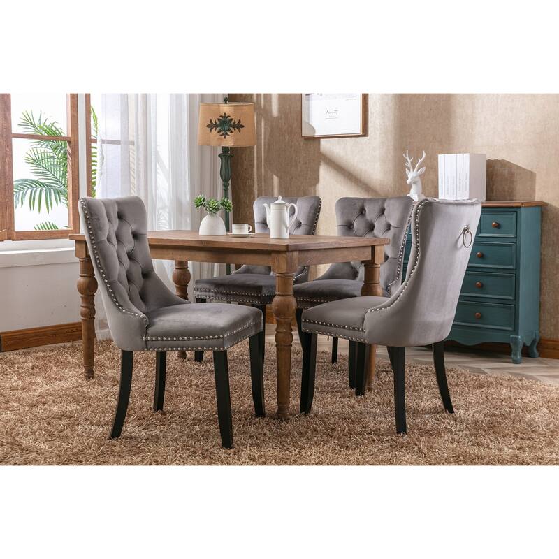 Velvet Dining Chairs Set of 2, Upholstered Dining Chairs with Button Tufted Back, Nailhead Trim & Ring Pull Wingback