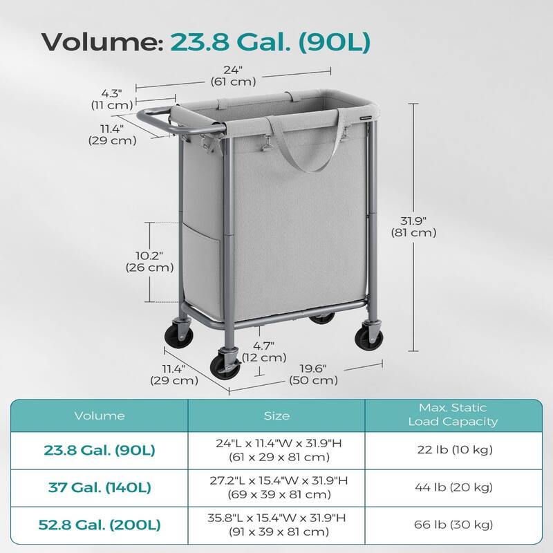 Narrow Rolling Laundry Bin with Brake Wheels Tall Hamper with Tear-Resistant Removable Bag - 90L (24.4 x 11.4 x 31.8 Inches)