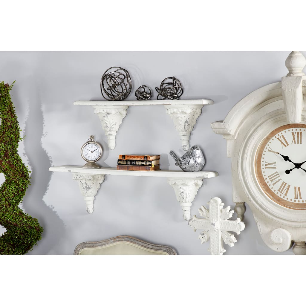 39 x 11 Large White Floating Wall Shelf with Decorative Carvings