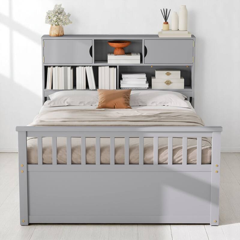 Full Size Captain Platform Bed with Bookcase Headboard, 4 Storage Drawers, and Adjustable Shelves, Gray Wood Frame