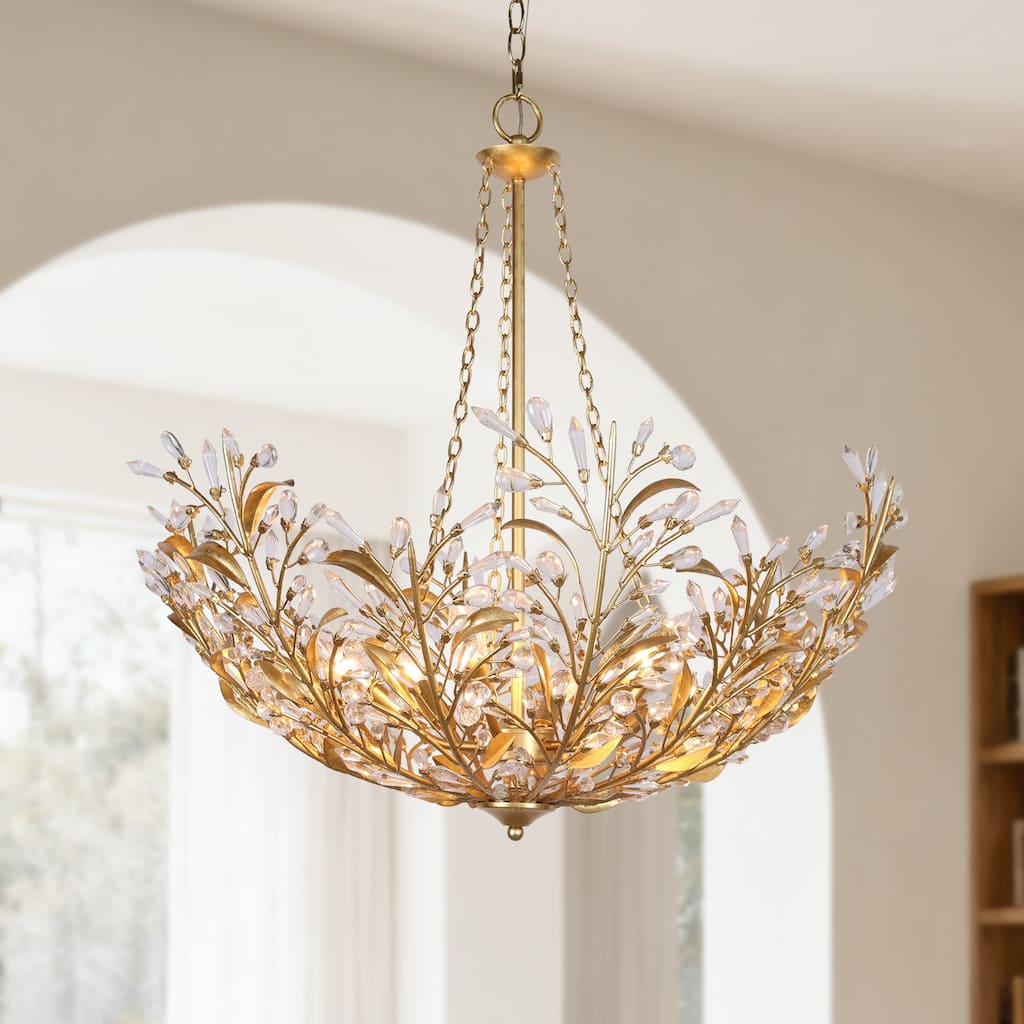 Stillbloom 6-Light Antique Gold Foil Metal Crystal Floral Chandelier - Antique Gold - Dia. 28.2" x H 29.5"