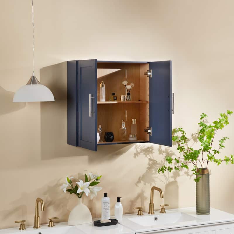 Wooden Wall-Mounted Cabinet with Double Doors and Shelves. - Blue - 7.63in. W X24.00in.DX24.00in. H