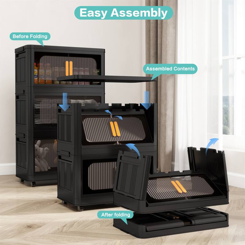 4 Tiers Black 24" Side Wide Folding Storage Cabinet