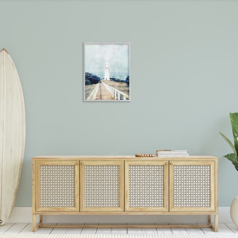 Stupell White Lighthouse Boardwalk Rocky Cliff Coastal Landscape Water Framed Wall Art - Blue
