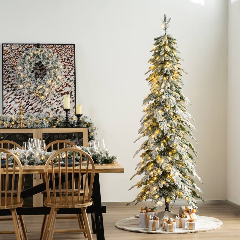 Glitzhome Pre-Lit Flocked Pencil Spruce Artificial Christmas Tree with Warm White Lights - 7.5 Foot