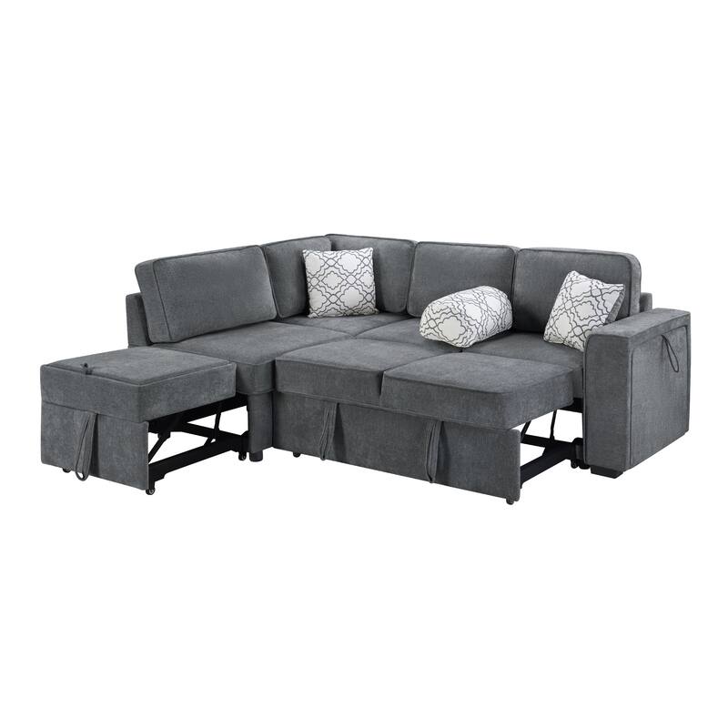 Convertible Sectional Sofa Bed with Flip-Top Table, USB Ports & Cup Holder, Chenille L-Shaped Sofa with Dual Pull-Out Sleepers