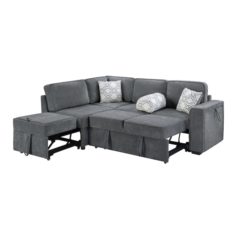 L-Shaped Sectional Sofa Convertible Sofa Bed with Dual Pull-Out Sleepers Sofa, Flip-Top Table, USB Ports, Cup Holder and Storage