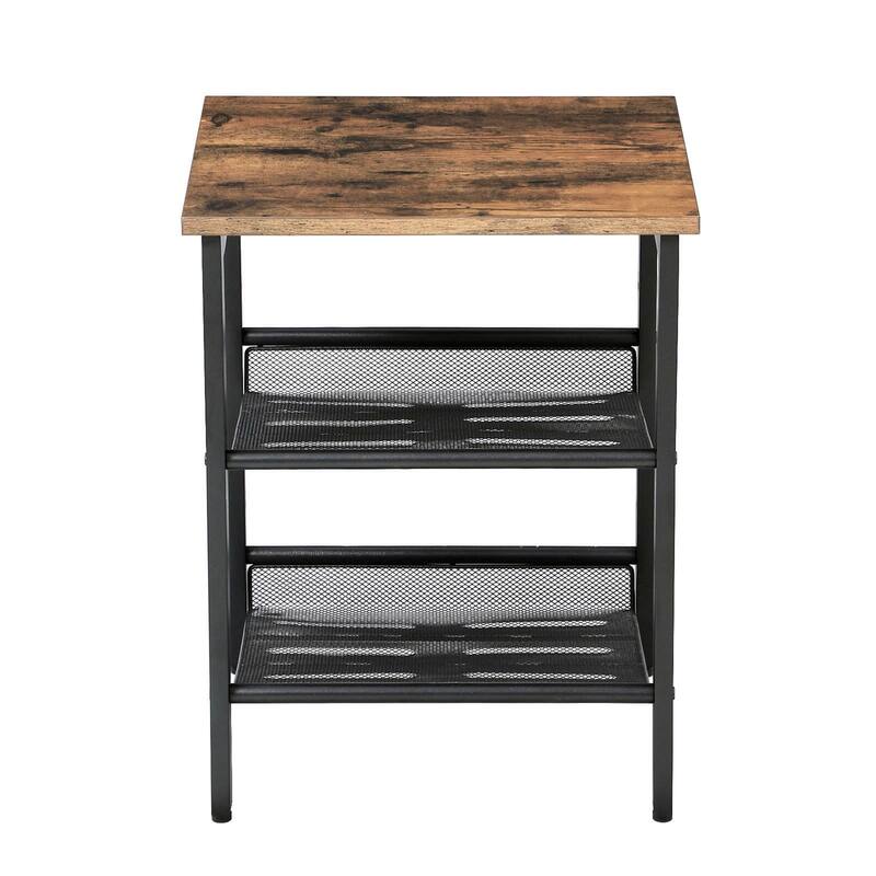 Set of 2 Side Table Nightstand with Medium Wood Finish Top and Mesh Shelves - 15.7"L x 15.7"W x 19.7"H