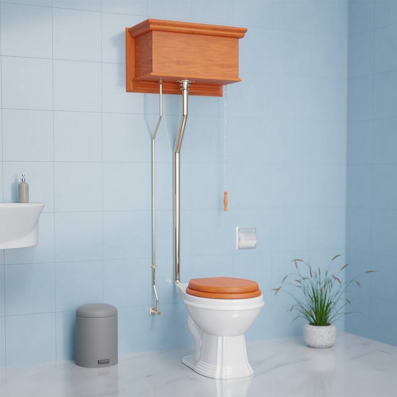 High Tank Toilet - Light Oak Flat High Tank, Brass L Pipe and Elongated White Bowl Renovators Supply