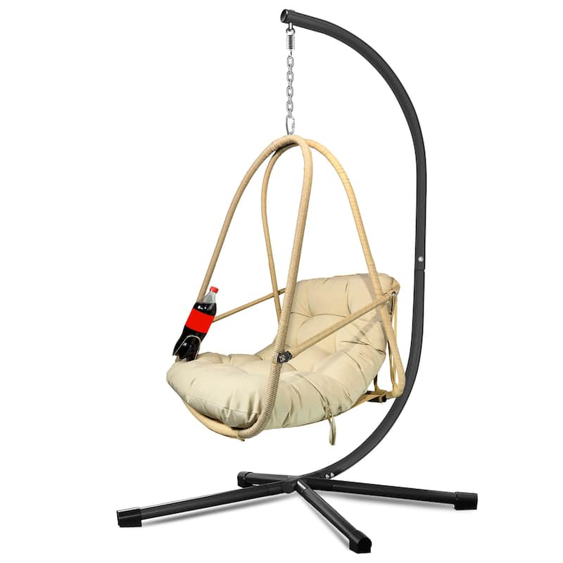 Swing Egg Chair with Stand Indoor Outdoor Wicker Rattan Patio Basket Hanging Chair with C Type bracket,with cushion and pillow