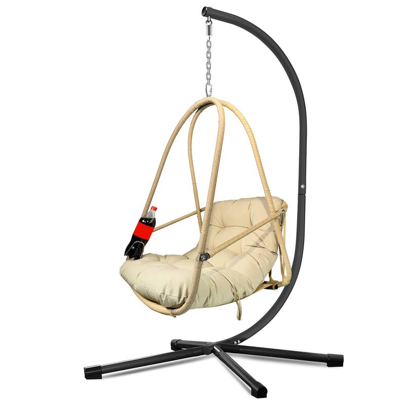 Swing Egg Chair with Stand and Cup Holder, Basket Hanging Chair with Cushion & Pillow Patio Wicker Hanging Chair