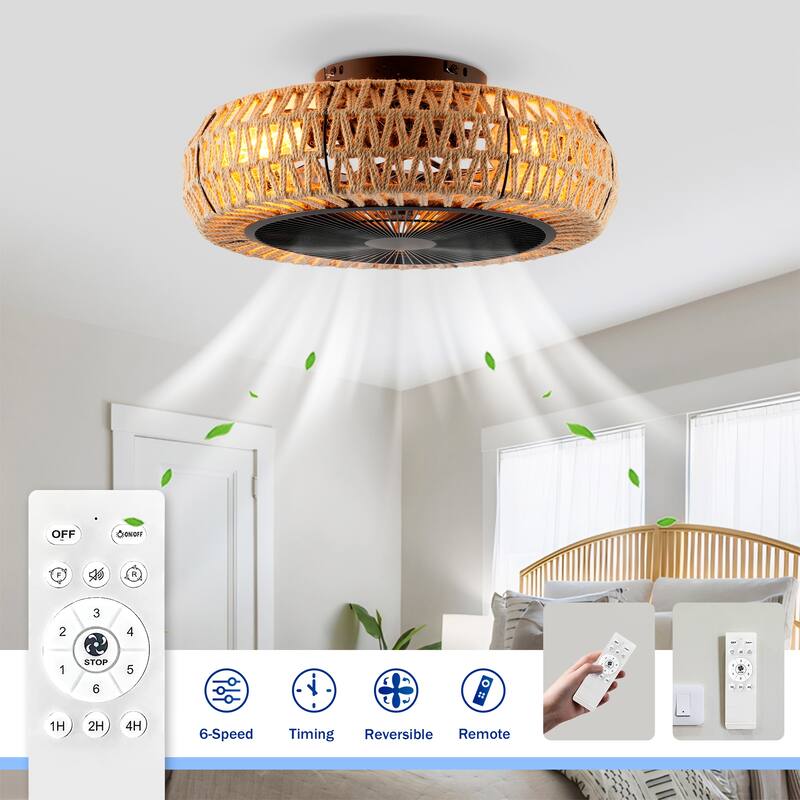 20Inch Ceiling Fans with Remote Control,6 Speed Reversible Flush Mount Low Profile Rustic - N/A - Hemp Woven(Bulbs not included)