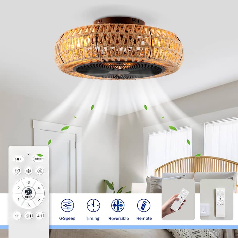 20 inch Flush Mount Ceiling Fan Light with Remote Caged Farmhouse Fandelier Black Wood Low Profile - Hemp Woven(Bulbs not included) - Weaving