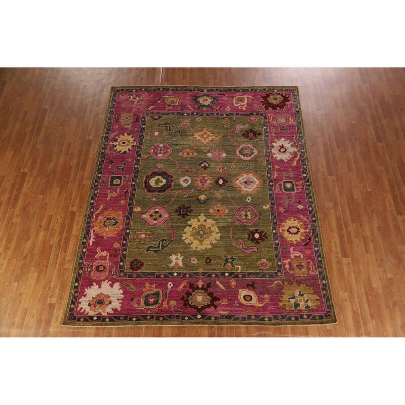 Hand Knotted Oriental 100% Wool Carpet Transitional All-Over Green Oushak Area Rug - 10' 2'' X 8' 3''