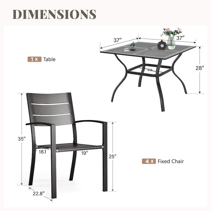 MAISON ARTS Outdoor 5 Pieces Dining Set Metal Table with Umbrella Hole & Stackable Patio Dining Chairs