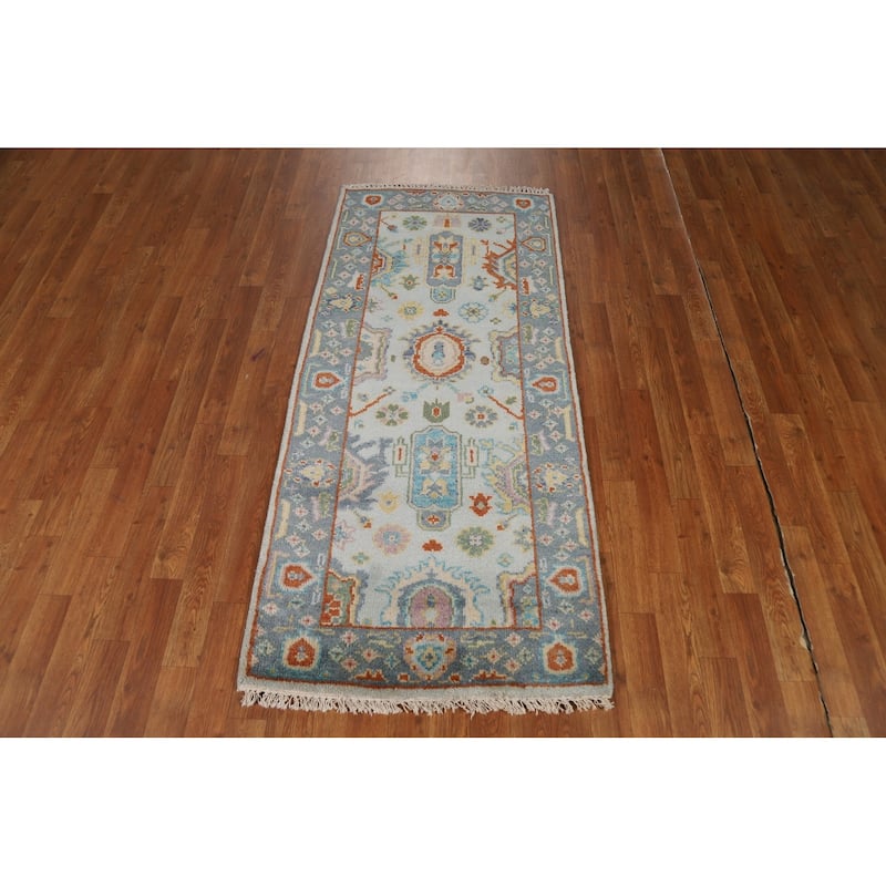 Transitional Blue Oushak Style Foyer Rug Handmade Wool Carpet - 2'7"x 5'10"