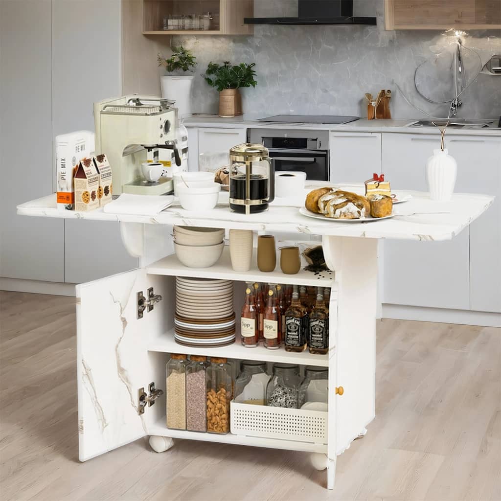 47" Wood Rolling Folding Kitchen Island with Storage Rack and Cabinet