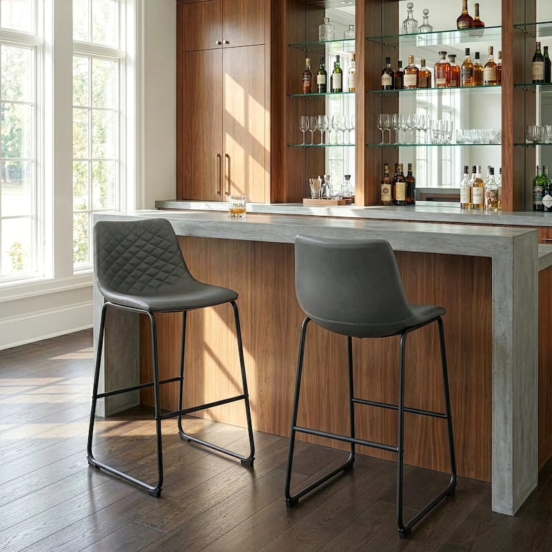 Set of 2 Ave Iron Frame Grey Faux Leather Bar Stool with Stitching